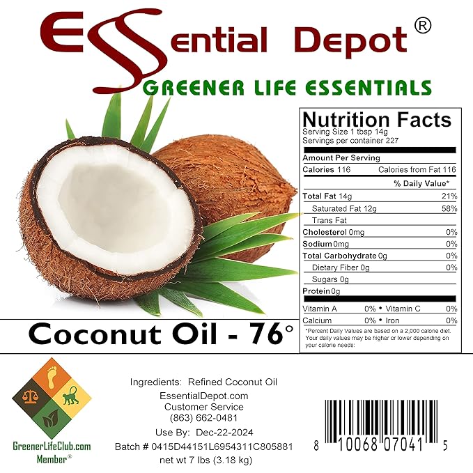 Coconut Oil - 76F - 7 lb - No Scent/Odor - also called Coconut Butter - Food Grade - safety sealed PP container with resealable lid and removeable and re-attachable handle - microwave-safe freezer-sa