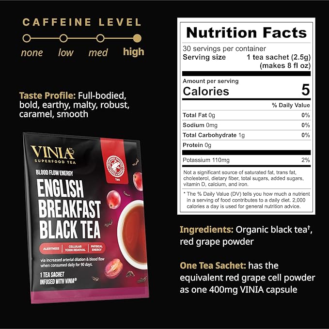 VINIA English Breakfast Black Tea Bags Made with Organic Tea Infused with Piceid Resveratrol for Heart Health Nitric Oxide Physical Energy Alertness Blood Flow Keto Kosher NON-GMO. 30 Ct