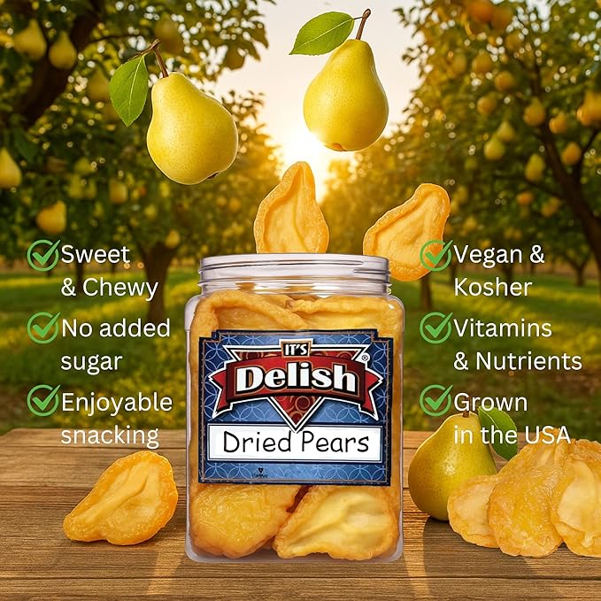 Dried Pears by It's Delish 38 Oz Jumbo Container | Fancy California Pear Slices No Sugar Added | Healthy Dried Fruit Snack Food Naturally Sweet Moist and Chewy Dry Fruit Snacks | Vegan Kosher