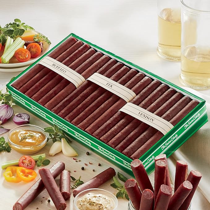 The Swiss Colony Wild Game Meat Sticks Gift Box - Includes Exotic Meats: Buffalo Elk and Venison Blended with Pork and Beef Gift Package for Men