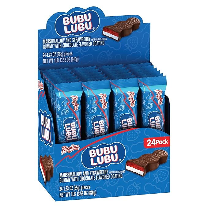 Ricolino Bubulubu Marshmallow with Strawberry Artificially Flavored Gummy with Chocolate Flavored Coating Bar 1 Pound 13.52 Ounces 24 Count Box