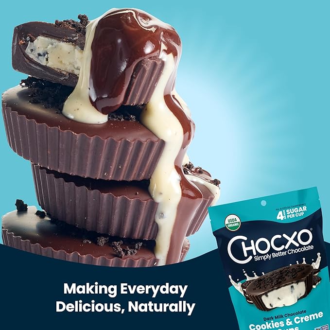 Chocxo Dark Milk Chocolate Cookies &amp Crème Cups - Lower Sugar 69% Organic Cacao NonGMO Keto Gluten Free Kosher No Artificial Sweeteners/Sugar Alcohols 3.45 oz (Pack of 6)