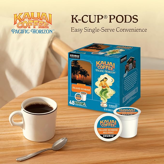 Kauai Coffee K-Cup Pods for Keurig Brewers – Arabica Coffee 10% Hawaiian – Mild Roast Light with Bright Aroma – Island Sunrise 1 Pack of 48 Single Serve K-Cups