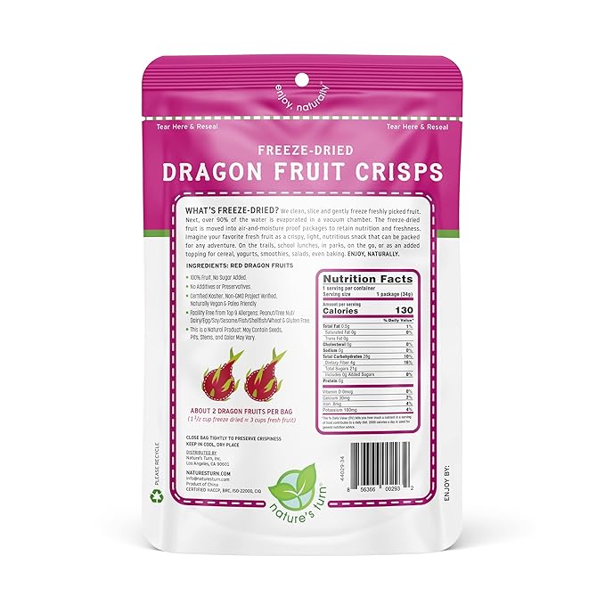 Nature’s Turn Freeze-Dried Dragon Fruit Crisps – Healthy Gluten-Free Crispy &amp Delicious Plant-Based Snack Ideal for Cereal Smoothies School Lunches &amp On-the-Go Bags of 6 (1.2 oz Each)