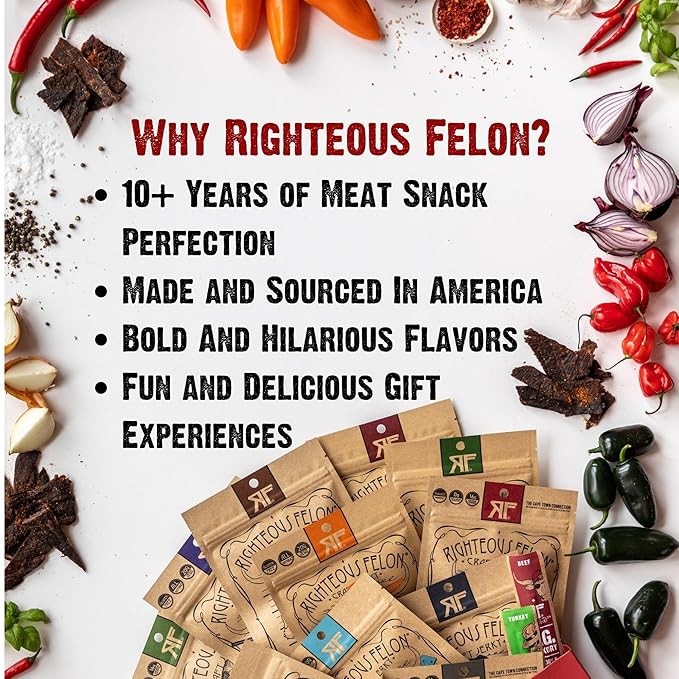 Righteous Felon Beef Jerky + Meat Sticks Variety Gift Basket - Great Gifts for Men | Gluten Free High Protein Healthy Snack | Beef Pork &amp Turkey Jerky Variety Snack Pack | The Gift Bag Pack