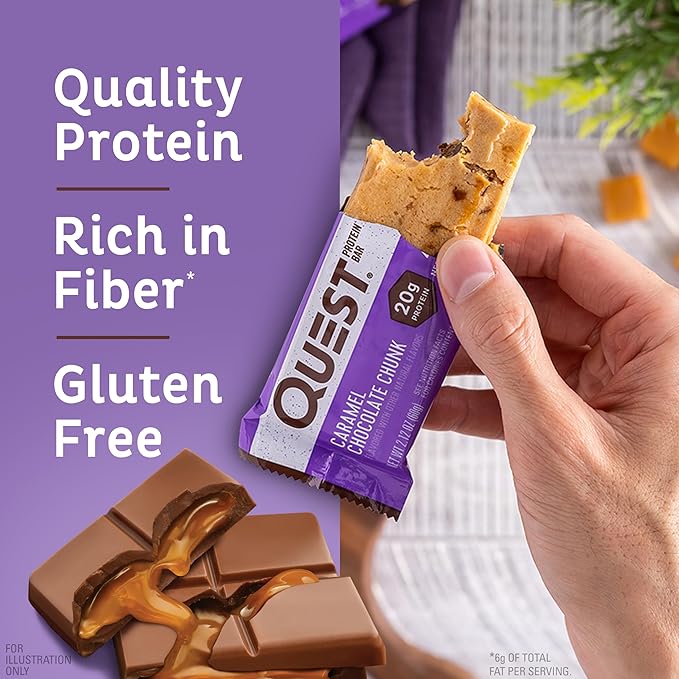 Quest Nutrition Caramel Chocolate Chunk Protein Bar 20g Protein 1g Sugar 4g Net Carbs Gluten Free Keto Friendly 12 Count