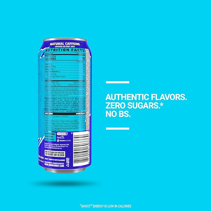 GHOST Energy Drink - 12-Pack Blue Raspberry 16oz Cans - Energy &amp Focus &amp No Artificial Colors - 200mg of Natural Caffeine L-Carnitine &amp Taurine - Gluten-Free &amp Vegan