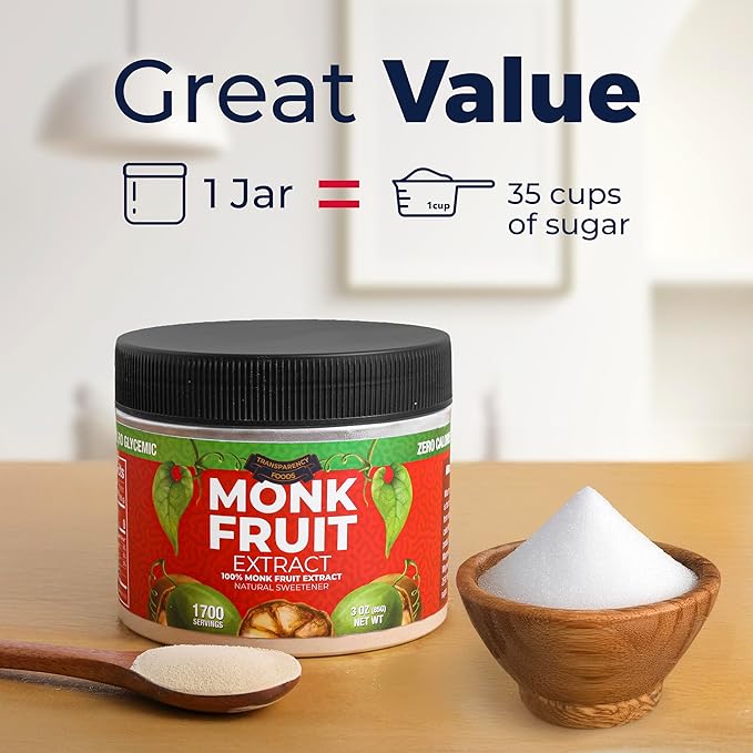 100% Monk Fruit Extract (90X Sweeter Than Sugar) Monk Fruit Sweetener No Erythritol Sugar Substitute Zero Calories Zero Glycemic Non-GMO 25% Mogroside V by Transparency Foods (3oz 1700 servings)