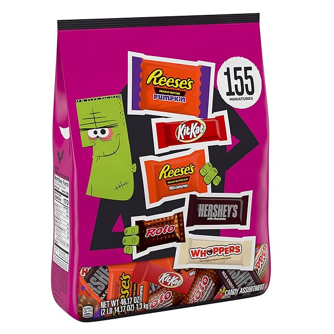 Hershey Assorted Chocolate Flavors Miniatures Halloween Candy Bulk Bag 46.17 oz (155 pieces)