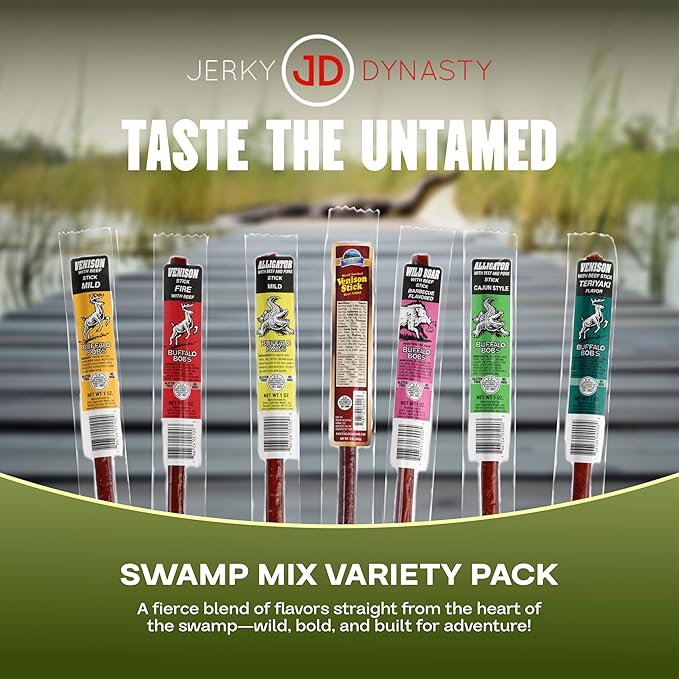 Jerky Dynasty Swamp Mix - 12-Piece Jerky Snack Variety Pack with Beef Venison Wild Boar &amp Alligator - Bold High-Protein Snacks for Outdoor Adventures Gatherings &amp On-the-Go