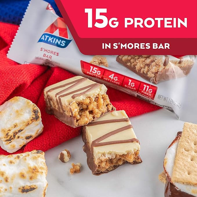 Atkins S’mores Protein Meal Bar High Fiber 1g Sugar 4g Net Carbs Meal Replacement Keto Friendly 5 Count