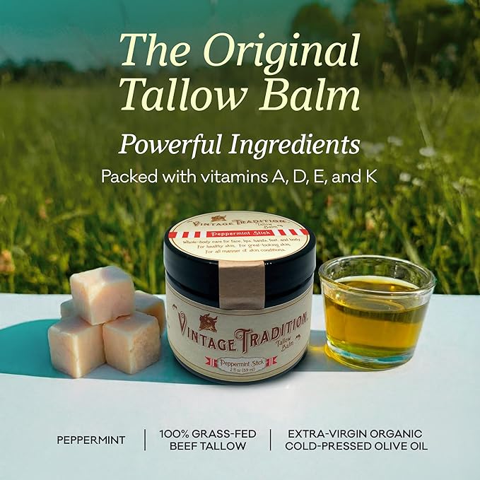 Vintage Tradition Beef Tallow All Purpose Balm - Healing Hydrating Peppermint Skin Care Salve Replaces Body Lotion Hand Cream More - Essential Oil Olive Oil and Grass-Fed Tallow 2 fl. oz.