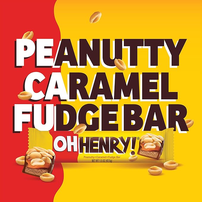 Oh Henry! Peanuty Caramel Fudge Bar Full Size Individually Wrapped Candy Bars 1.5oz each Bulk 24 Pack