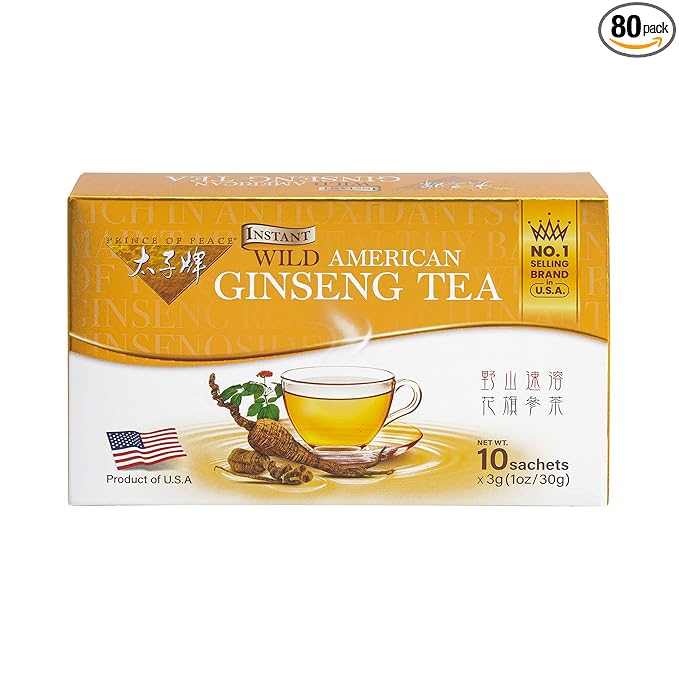 Prince of Peace Instant Wild American Ginseng Tea 80 Sachets – Healthy Drink Caffeine-Free Energy-Boosting Heavy Antioxidants Plant Extract