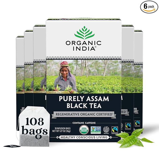 Organic India Purely Assam Black Tea - Caffeinated Herbal Tea Bags with Natural Assam Leaves Enjoy with Milk &amp Sweetener USDA Organic Non-GMO Fairtrade Certified - 18 Bags (Pack of 6)