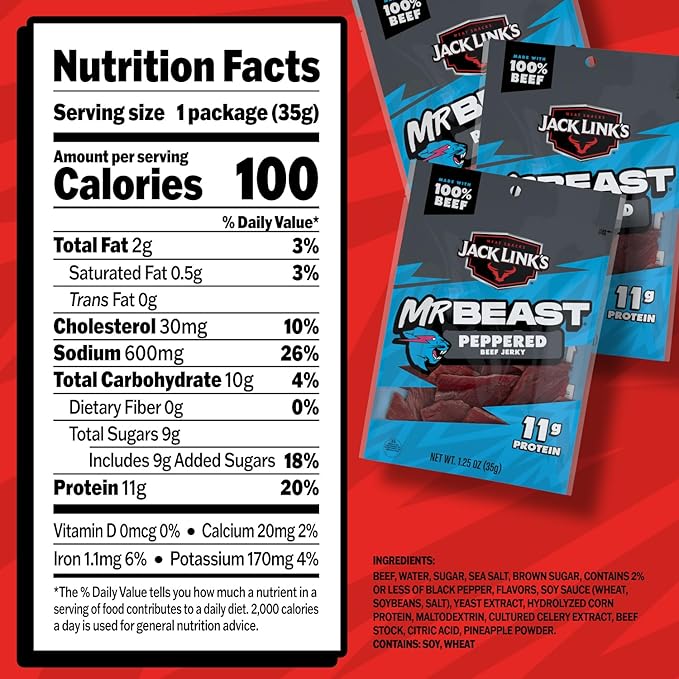 Jack Link’s x MrBeast Beef Jerky Peppered Beef Jerky As Seen on Beast Games 11g Protein Made with 100% Real Beef Pantry-Ready Snacks 10 Count