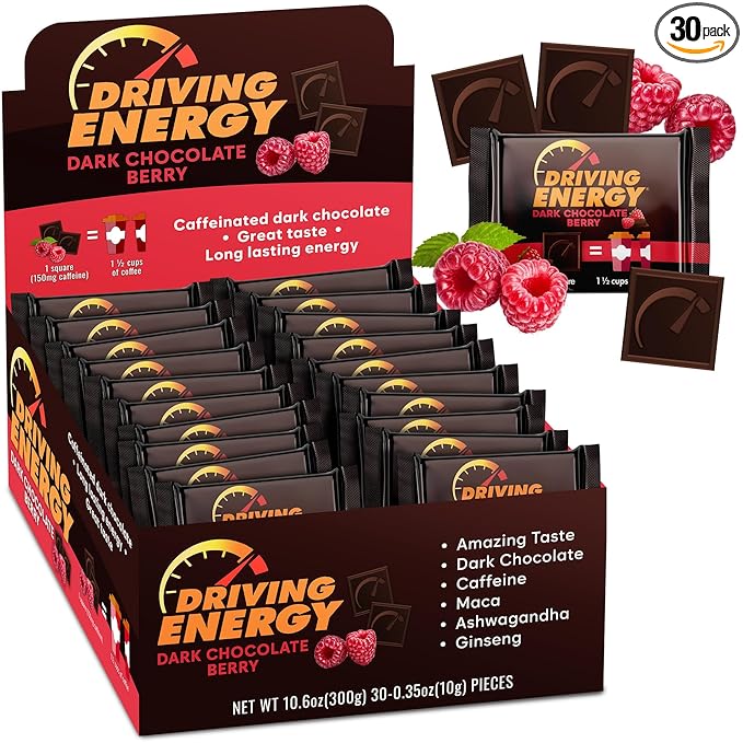 Driving Energy - Caffeinated Energy Bite Size - Dark Chocolate Berry Fuel with 150mg Caffeine - Long-Lasting for Gym Workout Adults - Great Taste - Low Carb - Healthy Snack - 30 Count