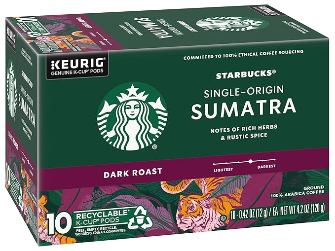 Starbucks Coffee K-Cup Pods Single-Origin Sumatra Coffee Dark Roast 100% Arabica Coffee Keurig Genuine K-Cup Pods 10 CT K-Cups/Box (Pack of 3 Boxes)