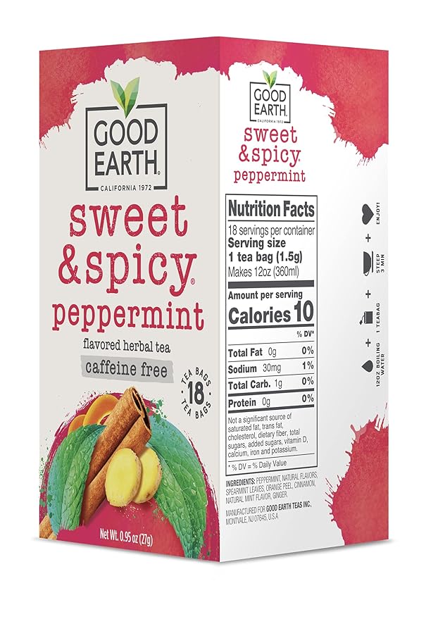 Good Earth Tea Sweet &amp Spicy Caffeine Free Peppermint Herbal Tea 18 Teabags (Pack of 6)
