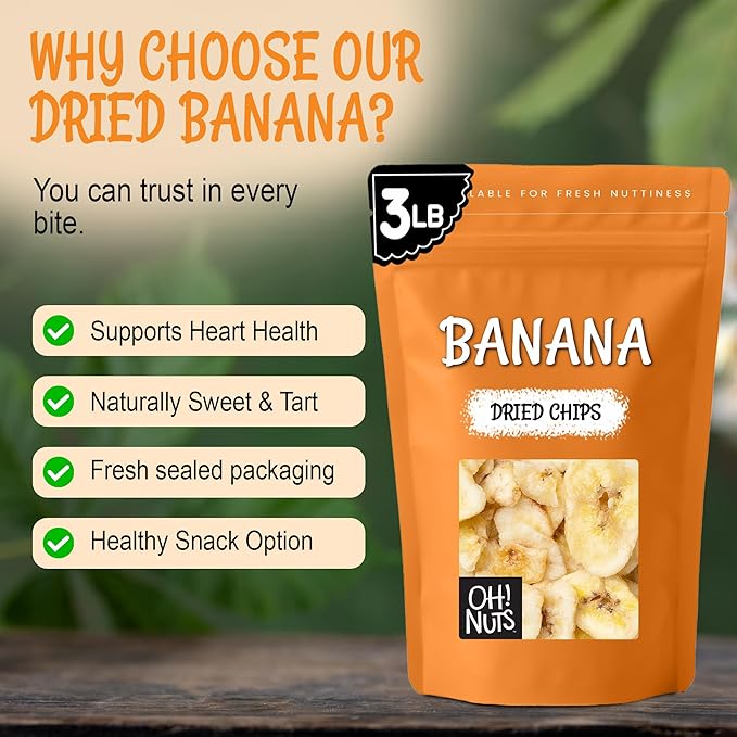 Oh! Nuts Dried Banana Chips - 3 lb - Dried Fruit Slices - Light Sugar Added - Dehydrated Fruit Bites - Packed in New York Zip-Seal Bag for Exceptional Freshness