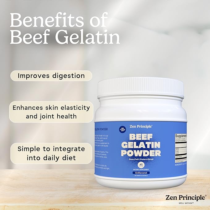 Zen Principle Grass-Fed Gelatin Powder 1.5 lb. Custom Anti-Aging Protein for Healthy Hair Skin Joints &amp Nails. Paleo and Keto Friendly. Cooking and Baking. GMO-Free and Gluten-Free. Unflavored.