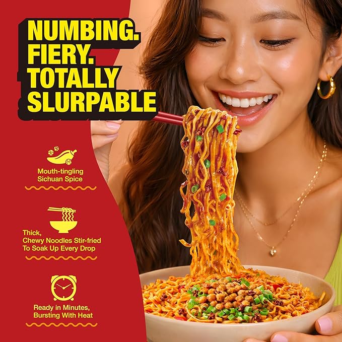 JWAY Sichuan Pepper Stir Fry Noodles Deep-fried Instant Ramen with Chili Oil Spicy Dry Tossed Noodles Real Vegetable Pack Rich Chili Flavor Quick &amp Easy Ready Meal 3.20 oz (Pack of 12)