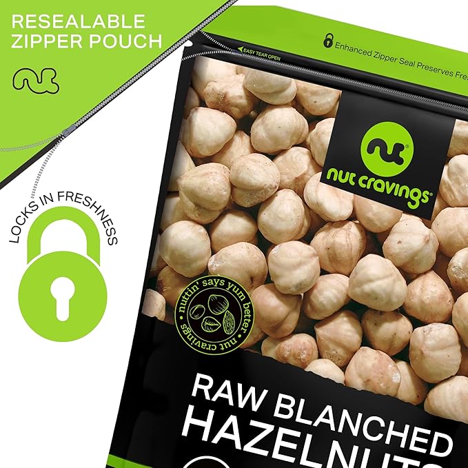 NUT CRAVINGS - Raw Blanched Hazelnuts Filberts - Unsalted Shelled (16oz - 1 LB) Packed Fresh in Resealable Bag - Kosher Healthy Snack Food Assortments Ideal for Trail Mixed Nuts