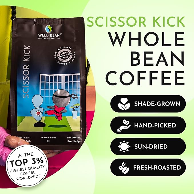 Well-Bean Coffee - Scissor Kick Whole Coffee Beans Blend Dark Roast Coffee Beans Vegan &amp Gluten-Free Keto Coffee Papua New Guinea Brazilian &amp Sumatra Coffee 2 lb