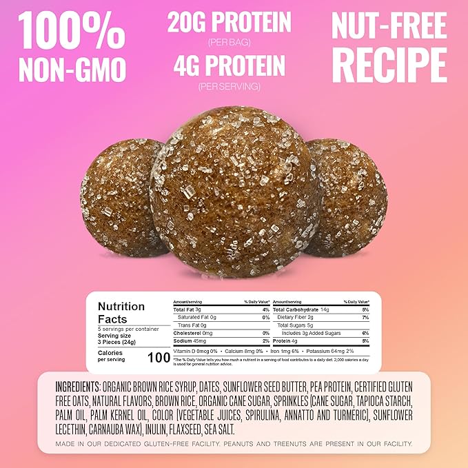 The GFB Birthday Cake Cookie Protein Bites - Allergen Friendly &amp Nut Free - Gluten Free Plant Based Non GMO Sustainably Made – Ridiculously Tasty Healthy Protein Energy Balls 4 oz (4 Count)