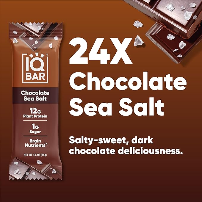 IQBAR Clean Plant Protein Bars - Chocolate Sea Salt - 24 Count - Keto Vegan High Fiber Gluten and Dairy Free Low Sugar Snack - Brain and Body Nutrients for Focus Energy Meal Replacement