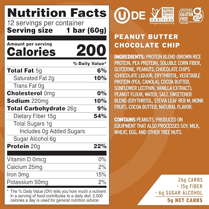No Cow Vegan Protein Bars Upgraded Peanut Butter Chocolate Chip | 20g Plant Based Protein Gluten Free Dairy Free Soy Free Keto Friendly Low Sugar High Fiber Snack Bars | Pack of 12