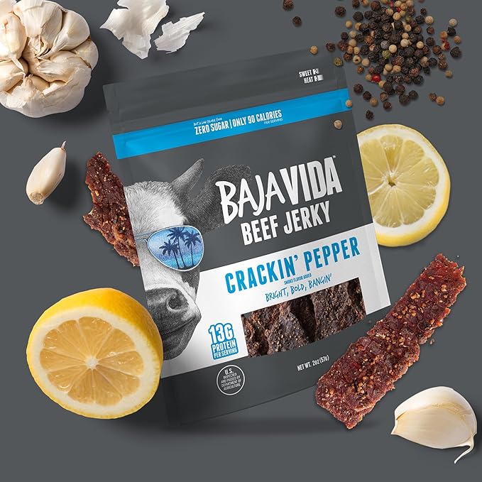 Baja Beef Jerky - 100% All Natural Beef Jerky Keto Jerky Gluten Free Low Calorie Craft Jerky 13g Protein per Serving No Nitrates or Added Hormones - Crackin' Pepper 2 oz Bag (Pack of 3)