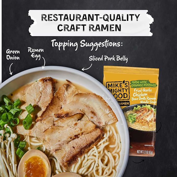 Mike’s Mighty Good Fried Garlic Chicken Ramen Noodles Bone Broth Pillow Pack (Pack of 7) – 12g Protein Healthy Instant Ramen – Organic Steamed Non-GMO Seed Oil-Free – Rich Antibiotic Free Chicken