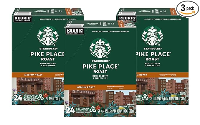 Starbucks Coffee K-Cup Pods Pike Place Roast Medium Roast Coffee Notes of Cocoa &amp Rich Praline Keurig Genuine K-Cup Pods 24 Count (Pack of 3)