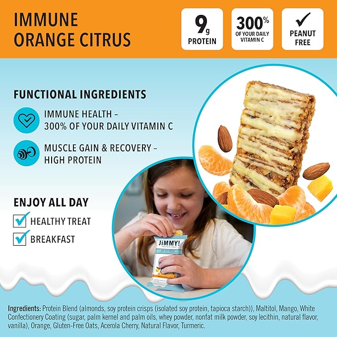 JiMMYBAR! - Immune! Orange Citrus Blast Protein Bars - 9g Protein Bar - 12 Count - 58g of Real Food - 300% of Daily Vitamin C - Chewy &amp Soft Meal Replacement Bar - Hand Drizzled Topping