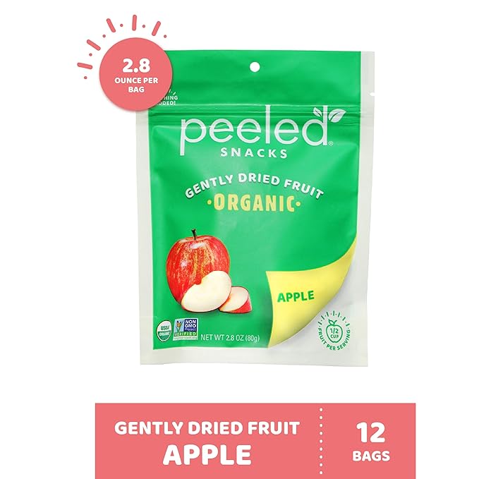 Peeled Snacks Organic Dried Fruit Apple 2.8 oz. Pack of 12 â€“ Healthy Vegan Snacks for On-the-Go Lunch and More