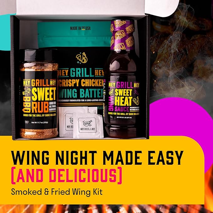 Hey Grill Hey | Chicken Wing Seasoning &amp Sauce Kit | All-in-one Crispy Batter BBQ Rub and Sweet Heat BBQ Sauce | Wing Night: Smoked &amp Fried Wing Kit