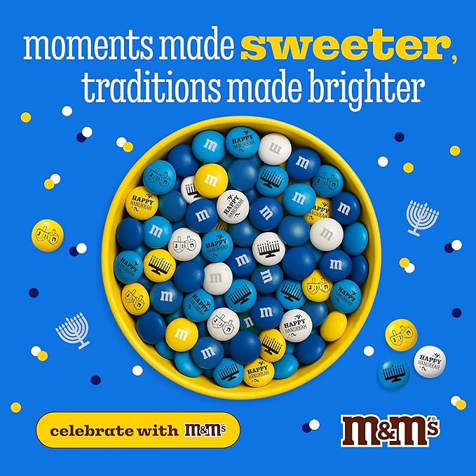 M&ampM’S WORLD Hanukkah Bulk Candy 5 Pounds Milk Chocolate Candies with Hanukkah Designs in Blue Yellow and White for Party Favors DIY Unique Gifts or Candy Bowls Kosher Certified