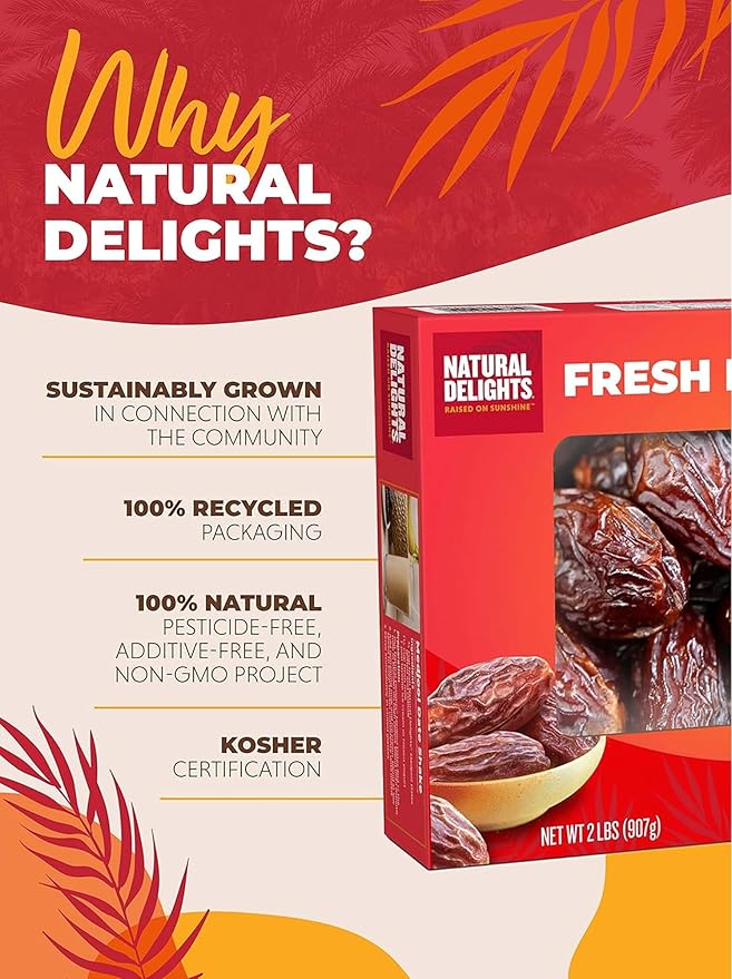 Natural Delights Medjool Dates Whole - Non-GMO Verified Fruit Good Source of Fiber &amp Potassium Naturally Sweet Snack for On-the-Go Large &amp Plump Dates - Bulk 2 lb Box (Pack of 2)