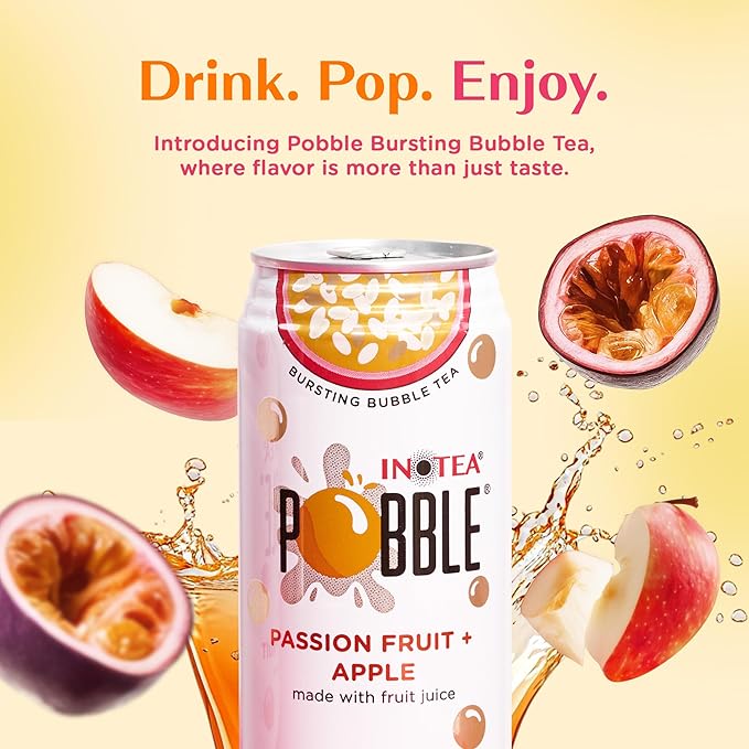 Inotea Pobble Bursting Bubble Tea - Refreshing Taiwanese Canned Boba with Popping Pearls - Ready-to-Drink Boba Tea - Enjoy Real Boba Without the Long Lines - Passion Fruit + Apple - 12 pack