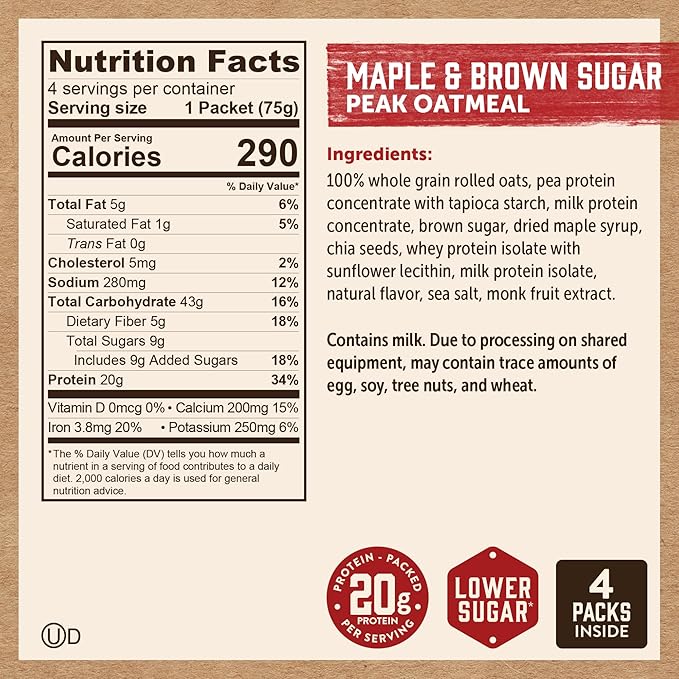 Kodiak Cakes Peak Instant Oatmeal Packets Maple Brown Sugar High Protein100% Whole Grains 6 box with 4 packets each (Total of 24 packets)