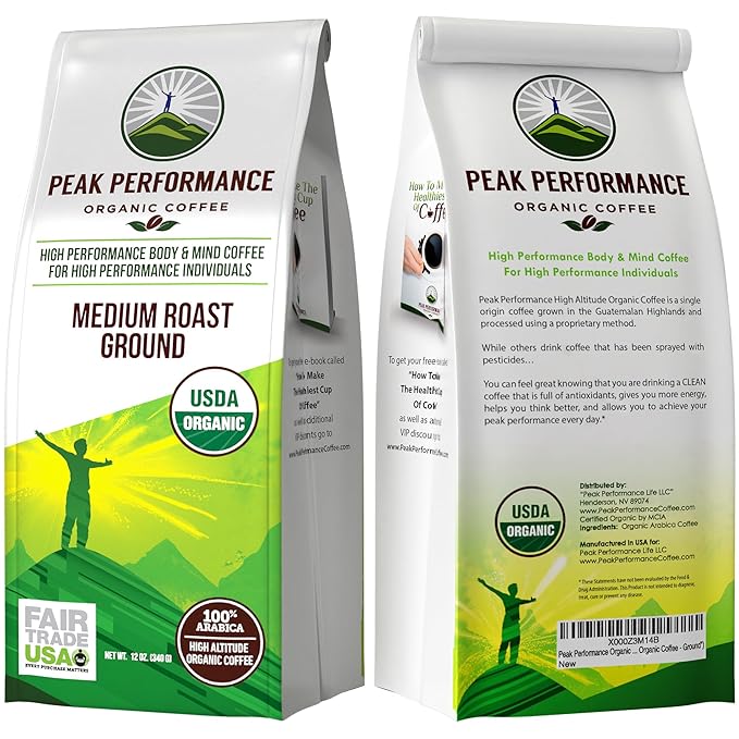 Peak Performance High Altitude Organic Coffee - Fair Trade Low Acid Non GMO and Beans Full of Antioxidants - Medium Roast Smooth Tasting USDA Certified Organic Ground Coffee Bag 12 oz
