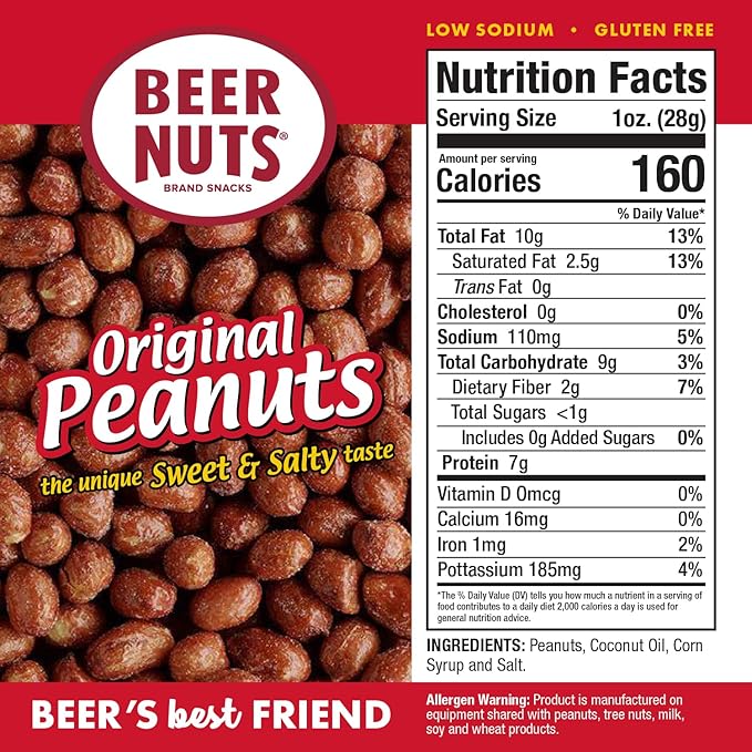 BEER NUTS Original Peanuts Resealable Jar Sweet and Salty Gluten-Free Kosher Low Sodium Peanut Snacks (19oz)
