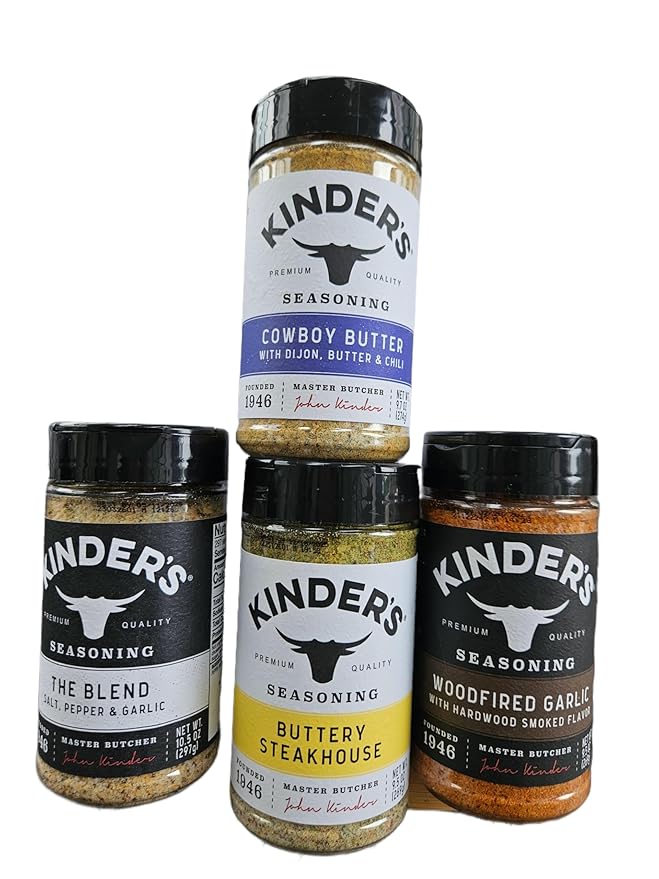 Seasoning Set by KINDERs Pantry Essentials 4 Pack 10.5 oz The Blend 9.5 oz Buttery Steakhouse 9.5 oz Woodfired Garlic 9.4 oz Cowboy Butter Gluten Free Non-GMO