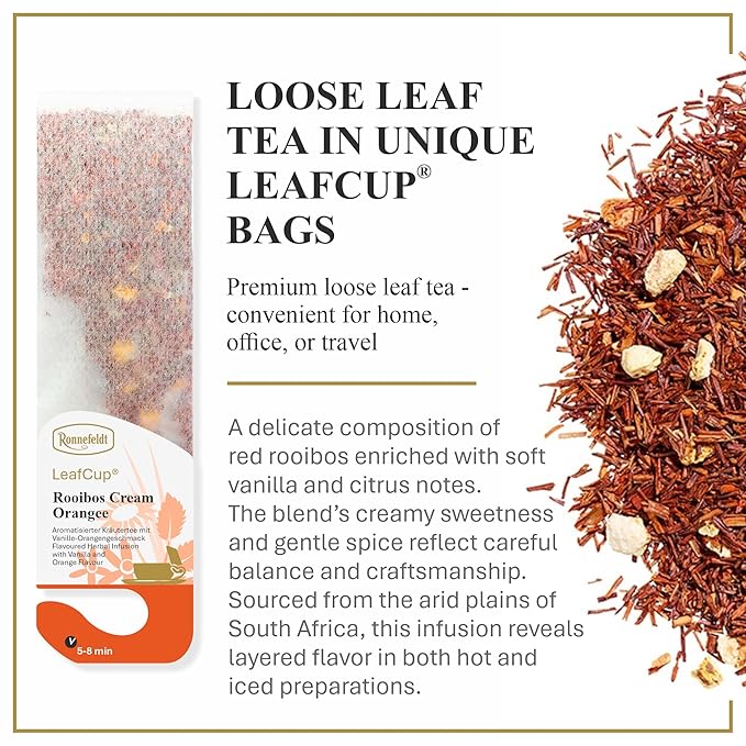 Ronnefeldt LeafCup Rooibos Cream Orange Chai – Naturally Caffeine-Free Red Herbal Tea with Orange Peel &amp Vanilla – Set of 6 Boxes – 90 Individually Wrapped Loose Leaf Tea Bags – Packed in Germany