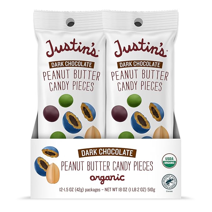 Justin's Dark Chocolate Peanut Butter Candy Pieces 12pk of 1.5oz bags Organic Gluten Free Non-GMO Responsibly Source Rainforest Alliance Certified Cocoa