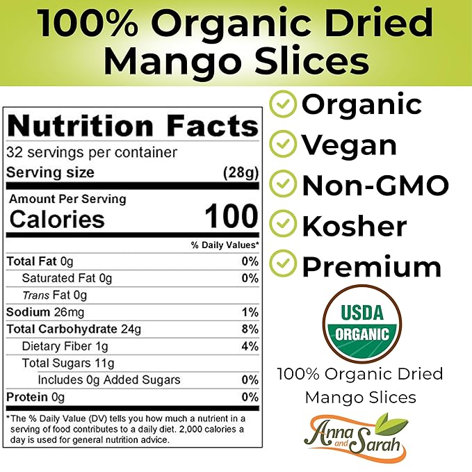 Anna &amp Sarah Bulk Dried Organic Mango No Sugar Added No Preservatives All-Natural Premium Quality 4.5 lbs 288 oz Pack of 4