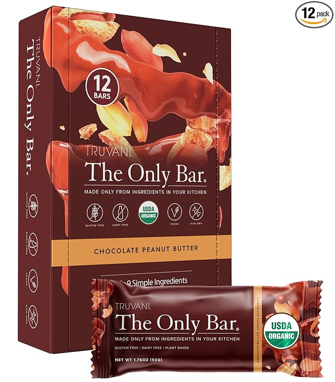 Truvani Plant Based Snack Bars | Chocolate Peanut Butter 12 Pack | 7g Protein | USDA Organic and Vegan | The Only Bar | Dairy Soy and Gluten Free | Individually Wrapped