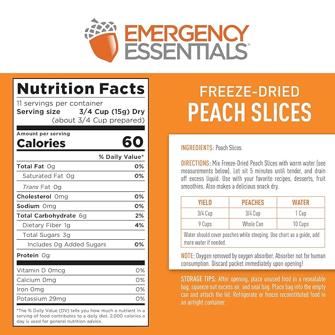 Emergency Essentials Freeze-Dried Peach Slices #10 Can Freeze-Dried Fruit Freeze-Dried Peaches Peach Rings Snacks Emergency Food Cans 30-Year Shelf Life Food