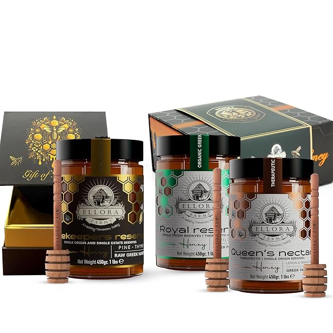 Ellora Farms Greek Honey Bundle – Pine &amp Thyme Raw Honey (450g) + Organic Thyme &amp Orange Blossom Raw Honey (2x1lb) – Single Estate Unfiltered Cold-Pressed Includes Wooden Dippers